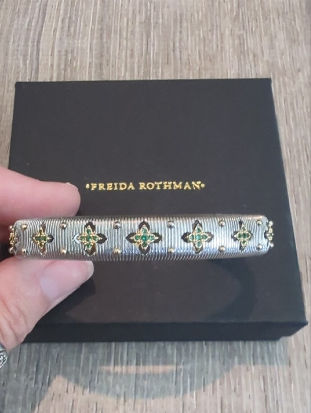 FR Studio Clover Silver Cuff Bracelet with Green Accents
